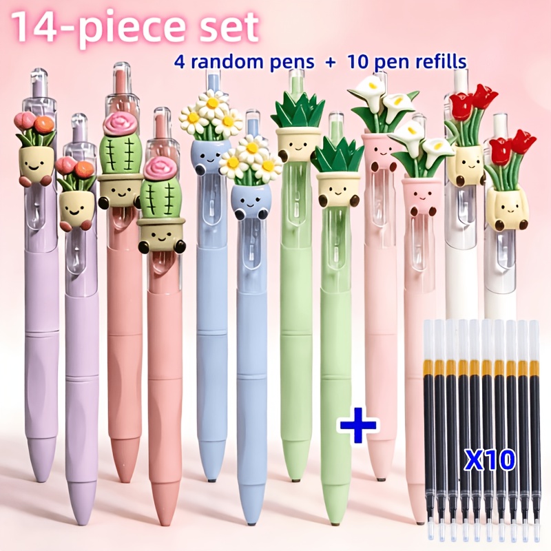 14pcs set of adorable plant themed gel pens 4 pens 10 refills retractable click type ballpoint pens random styles cute floral quick dry pens office writing supplies suitable for school stationery classroom rewards holiday giveaways