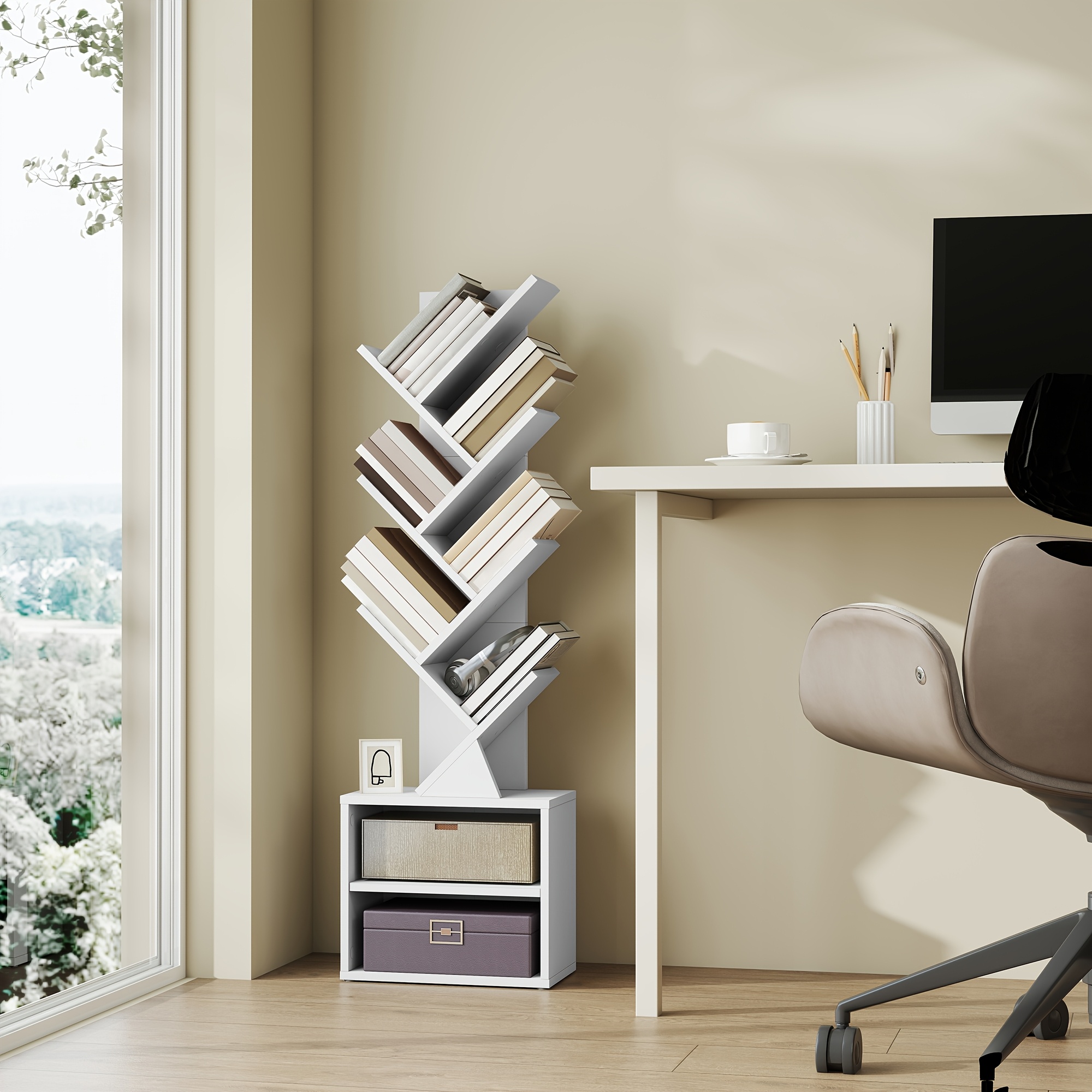9-tier Tree Bookshelf With 2 Open Compartments, Corner Bookcase, 38 X 20.3 X 123.2 Cm, White