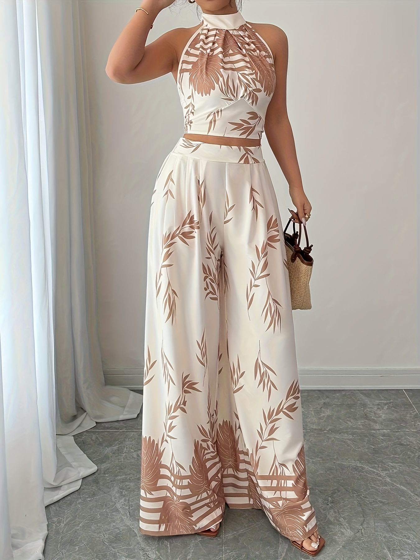 yy0328725 womens elegant vacation plant print pleated halter  display picture 3