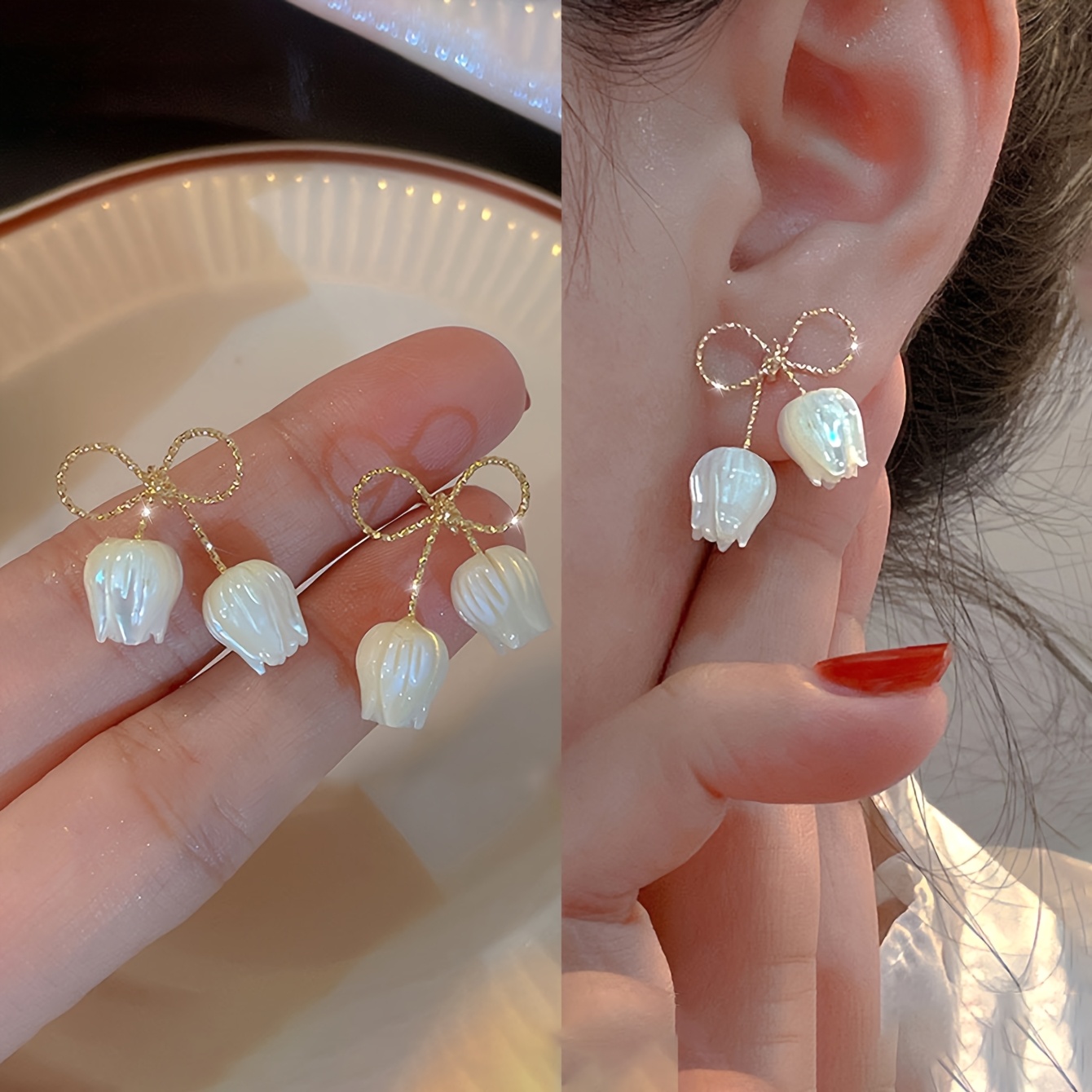 New 2pcs Set, Bow Tulip Earrings, High-quality Jewelry, Upgraded Elegant Earrings, Premium Decorative Earrings, Suitable For Daily Wear, Accessories, Gift For , , And