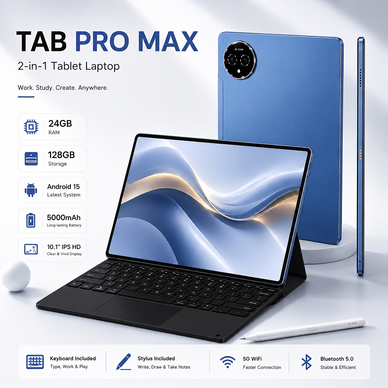 TEMU Tablet 15 2026, 10.1 pulgadas | 24GB (6GB+18GB de ) + 128GB, Pantalla IPS HD, Procesador -Core, Batería de 5000Mah, WLAN, Set Completo con