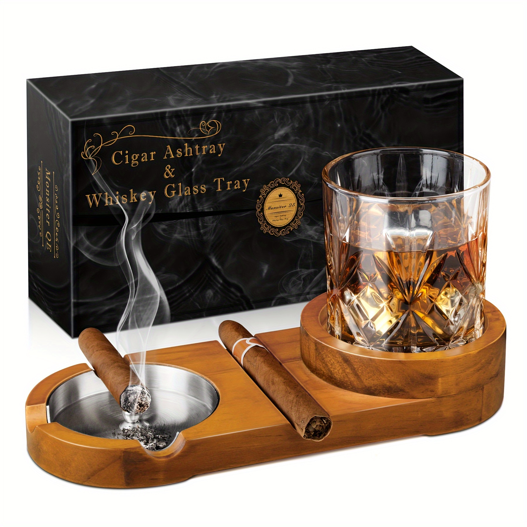 Cigar Ashtray, Whiskey Glass Tray and Indoor Outdoor Cigar Rack