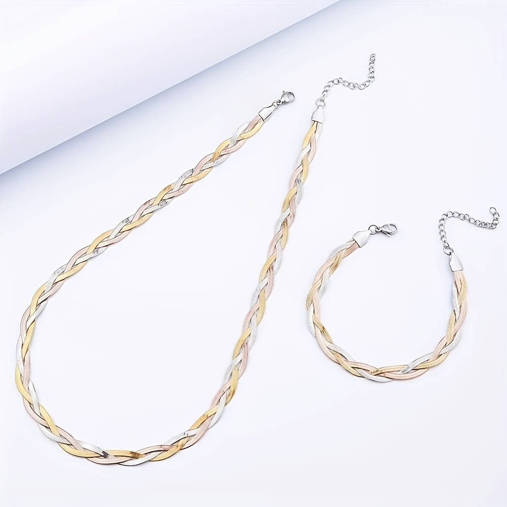 TEMU 3 Couleurs au , Ensemble de 2 Pièces (Bracelet+Collier), Collier Chaîne de en Acier Inoxydable 304 + Acier, Doré, Bracelet , Ensemble de Bijoux