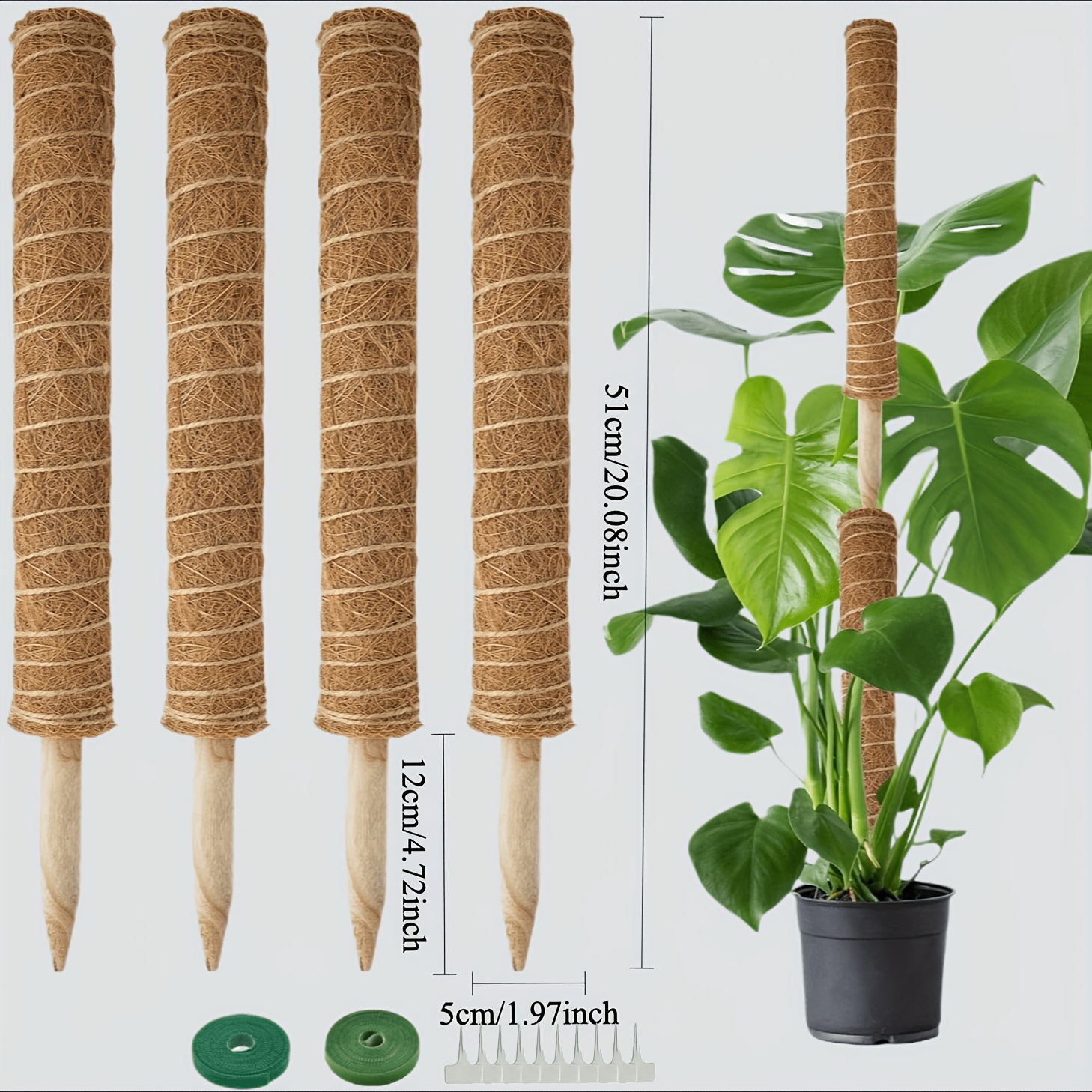 TEMU 4pcs Moss Pole+2 Velcros+8tags Durable Coir Stick Stakes For Indoor Climbing Plants,support For Pothos, Philodendron,monstera. Sturdy Design
