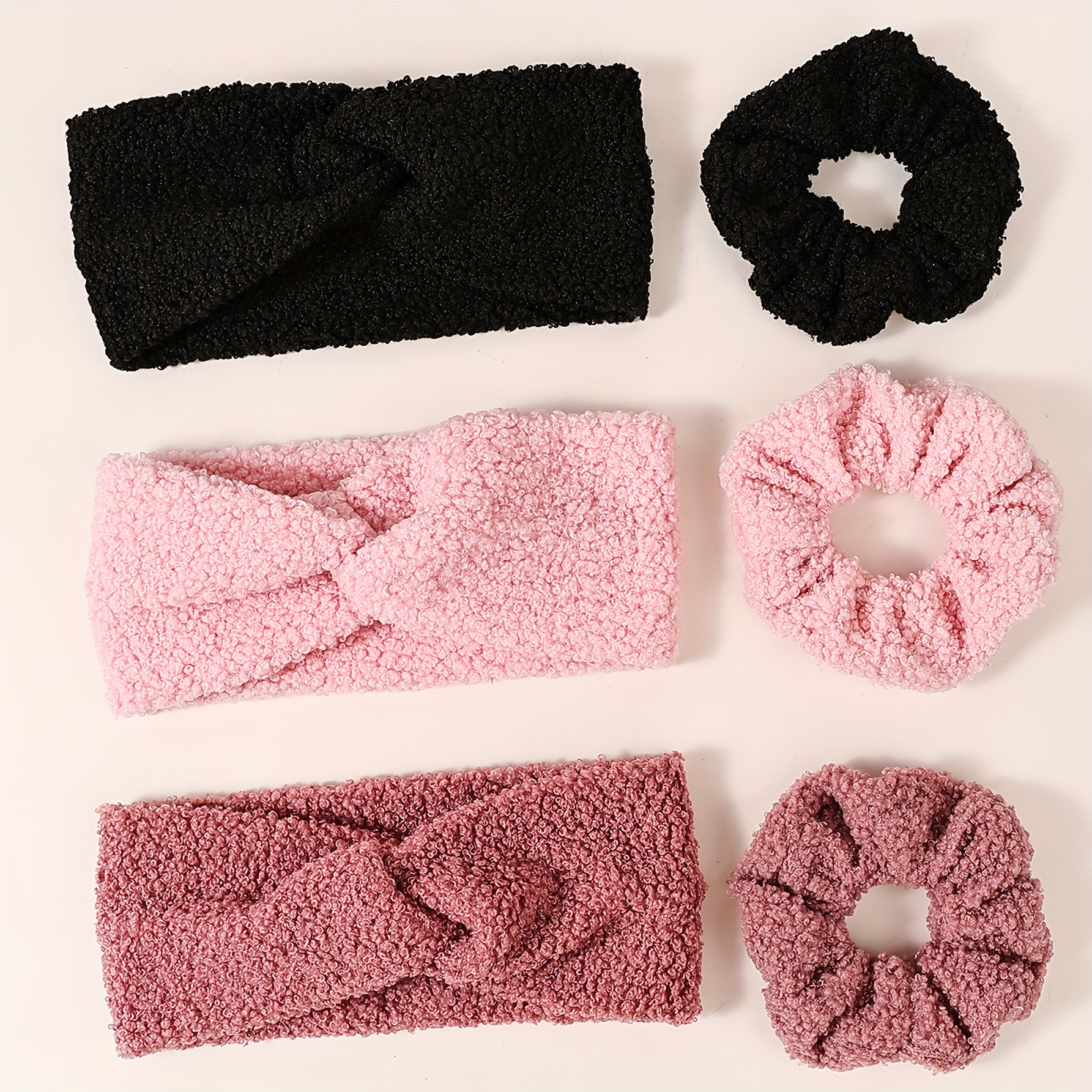 Image of 6pcs Autumn/winter Plush Warm High-elasticity Ponytail Hair Ties And Fashionable Cross Headband Hair Accessory Set, Comfortable, Soft, Simple, And Casual For Daily Wear