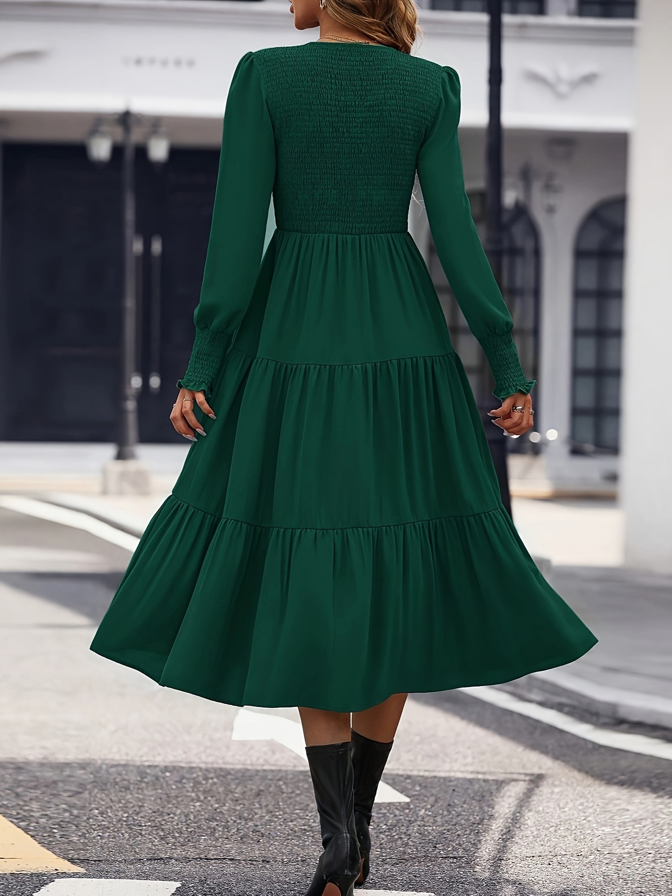 solid color tiered shirred dress elegant long sleeve crew - Temu