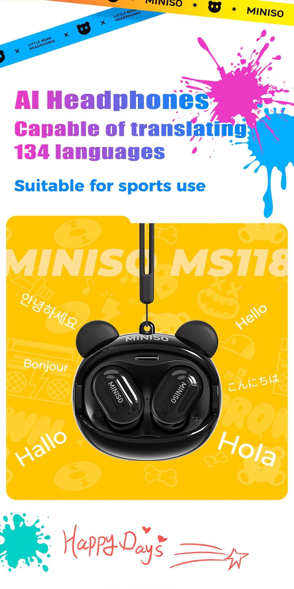 Écouteurs Intelligents de Traduction | Écouteurs Sans Fil Bluetooth 6.0 | Traduction en Temps Réel par IA pour 134 Langues, Logiciel Gratuit à Vie | 40 Heures d'Autonomie, Double Mode pour Jeux et Musique | Charge Rapide Type-C, Design Portable avec Lanière, Masque Élégant à Changement de Visage