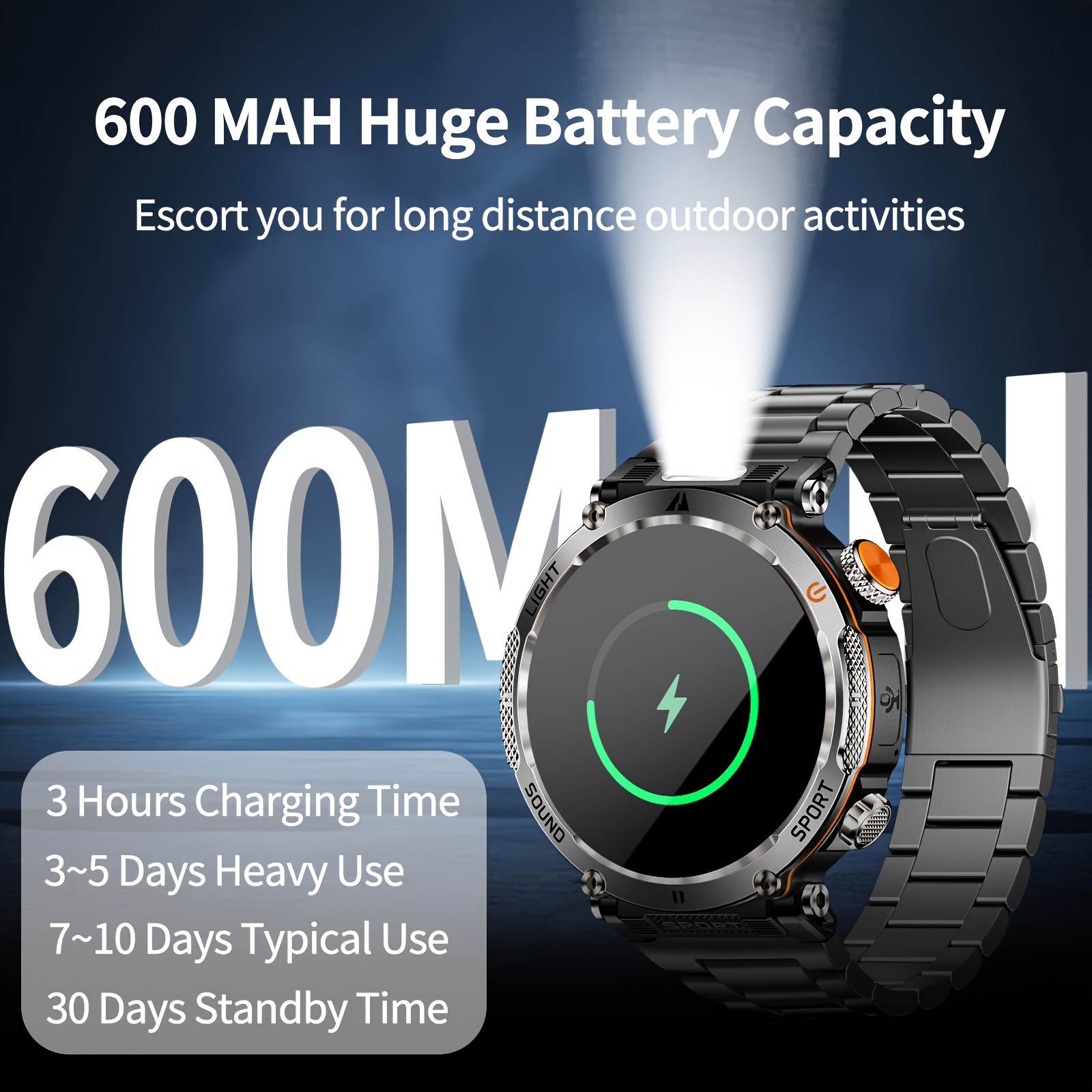 Montre Connectée de Sport d'Extérieur 1.7 pouces, Convient aux Hommes, Supporte Wireless 5.0, Écran IPS 360P, Boîtier en Alliage, en Silicone, Batterie Rechargeable 600Mah, Plus de 100 Modes Sportifs, Boussole, Fonction de Conversation, Chargement USB, Super Lampe Torche
