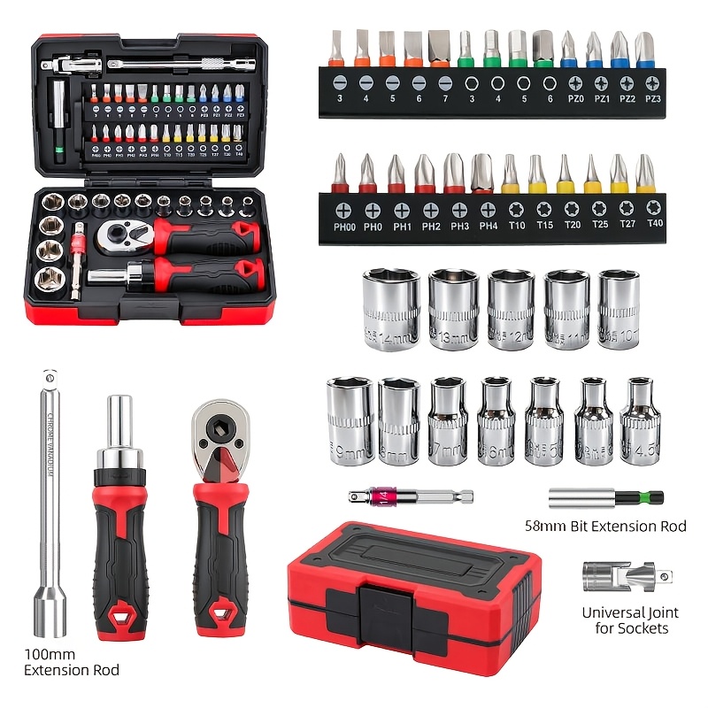 TEMU 1/4" Ratchet Wrench Socket Set, Reversible Ratchet With Color-coded Bits And Sockets 4-14mm, Extension Bars, Portable Tool Box For Bike Auto