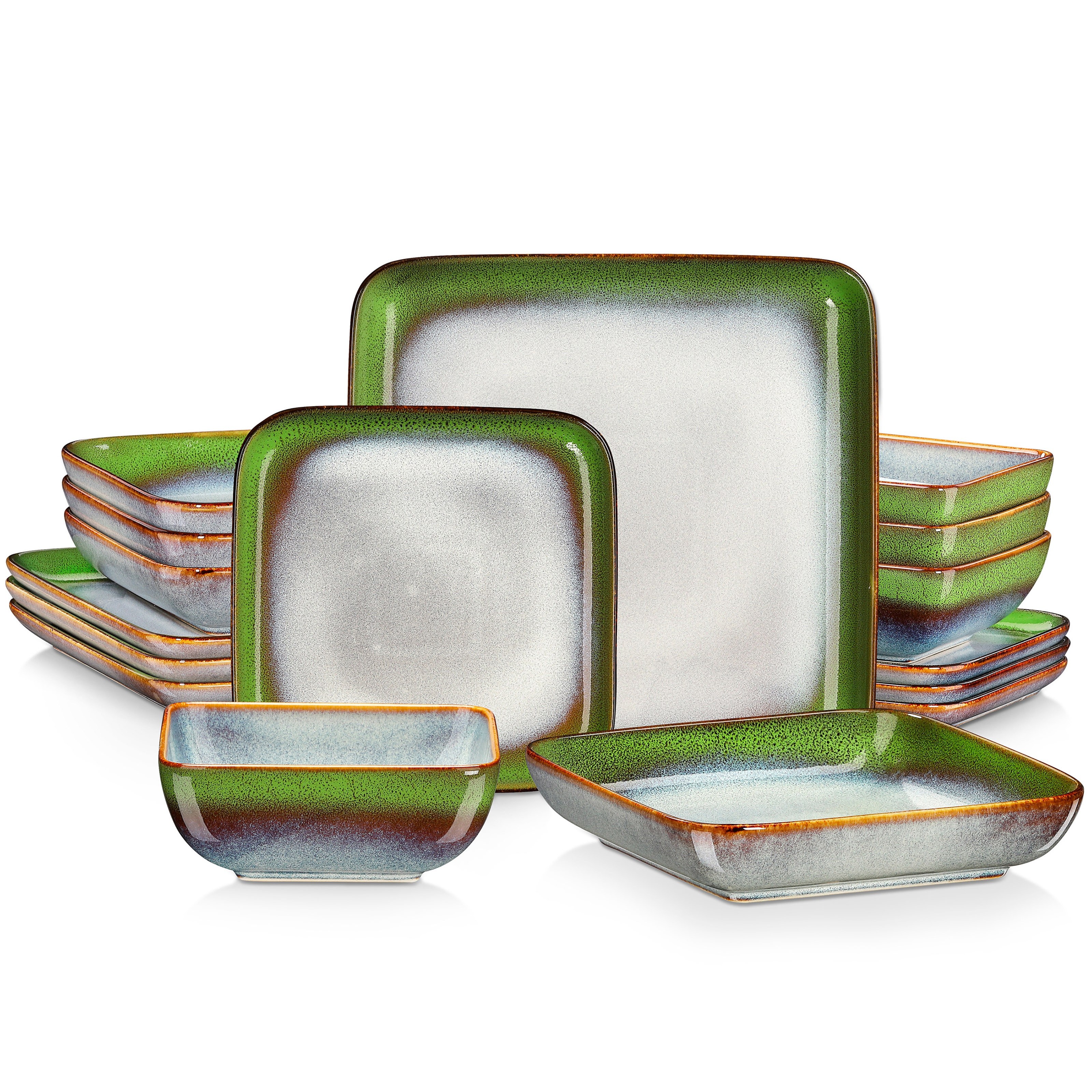 16pcs Dinner Square Set Stoneware Kiln Change Glaze Tableware Plate Bowl Service For 4
