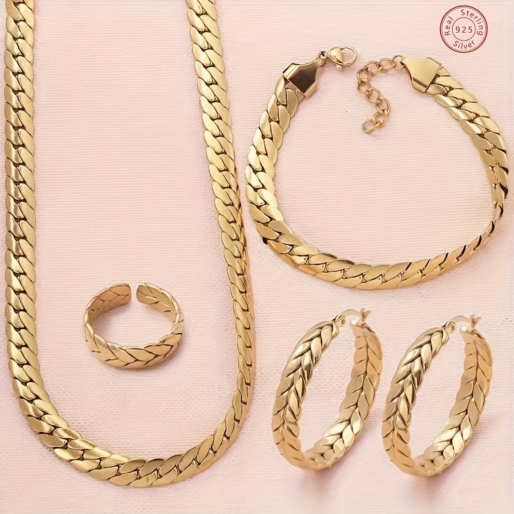 

14k Gold Plated Jewelry Set, Cuban Chain Design, Hypoallergenic Chain, Suitable For All Occasions, Comes With A Beautiful Gift Box