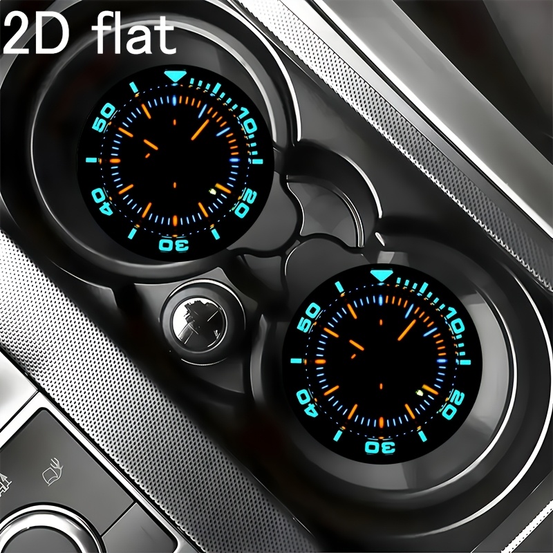 TEMU Lot de 2 sous-verres plats 2D pour voiture, phosphorescents motif de montre 2,75 pouces, tapis de tasse universel antidérapant pour voiture,