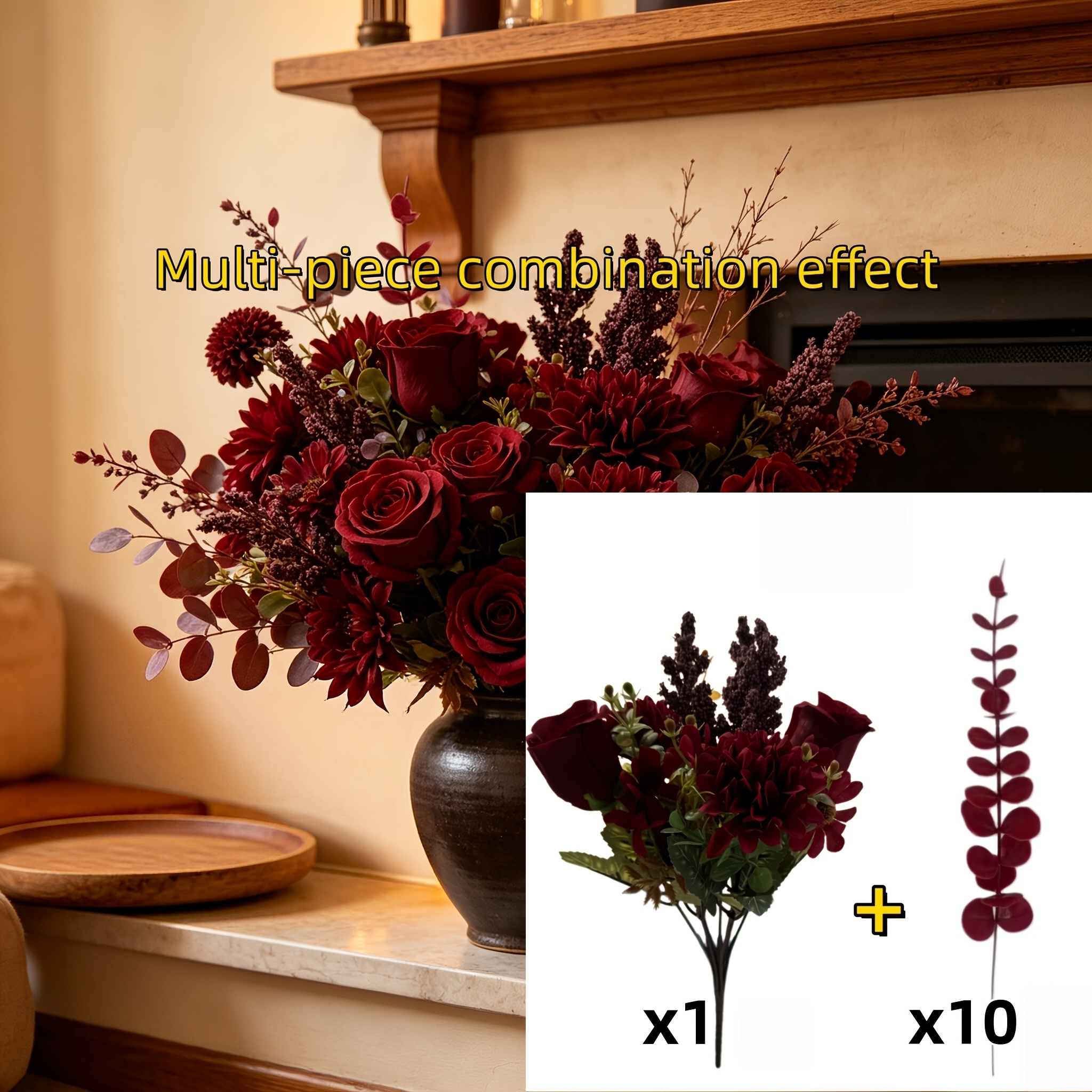 TEMU 11pcs Burgundy Vintage Faux Set, Roses With Burgundy Eucalyptus Leaves. Warm And , Halloween Haunted House Witch Party Vase Floral Material,