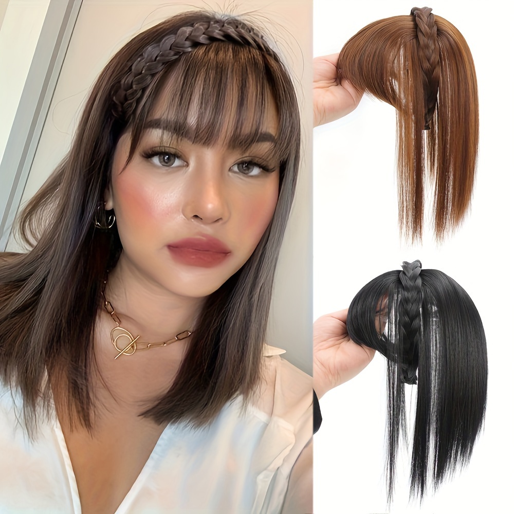 

Chic Clip-in Hair Topper With Bangs & Braided Headband - Synthetic Extensions For Women, Casual Attire