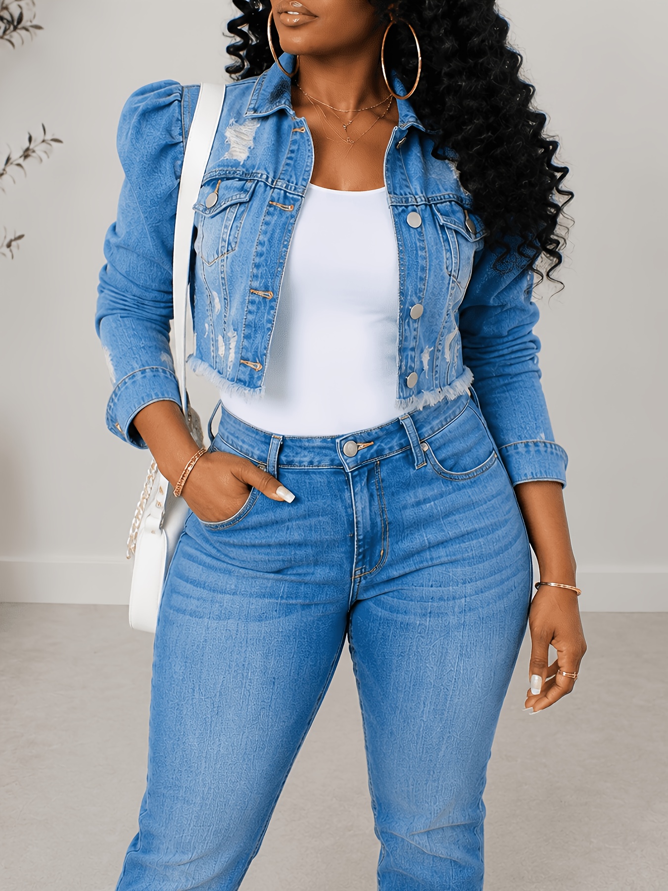 puff sleeve denim jacket sold on Temu United States