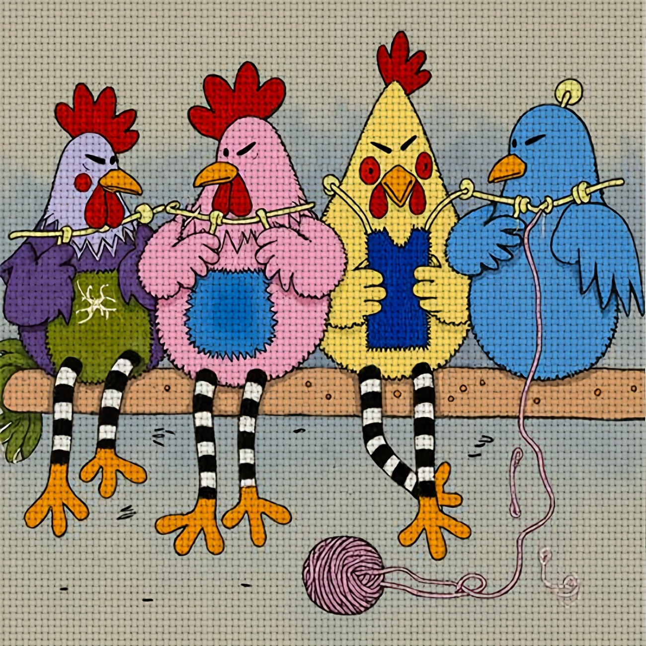 TEMU 1pc Printed Diy Cross- Kit, Frameless, "four Chickens Knitting Sweaters" Pattern, Beginners' Relaxing Craft Time, Allowing You To Experience The