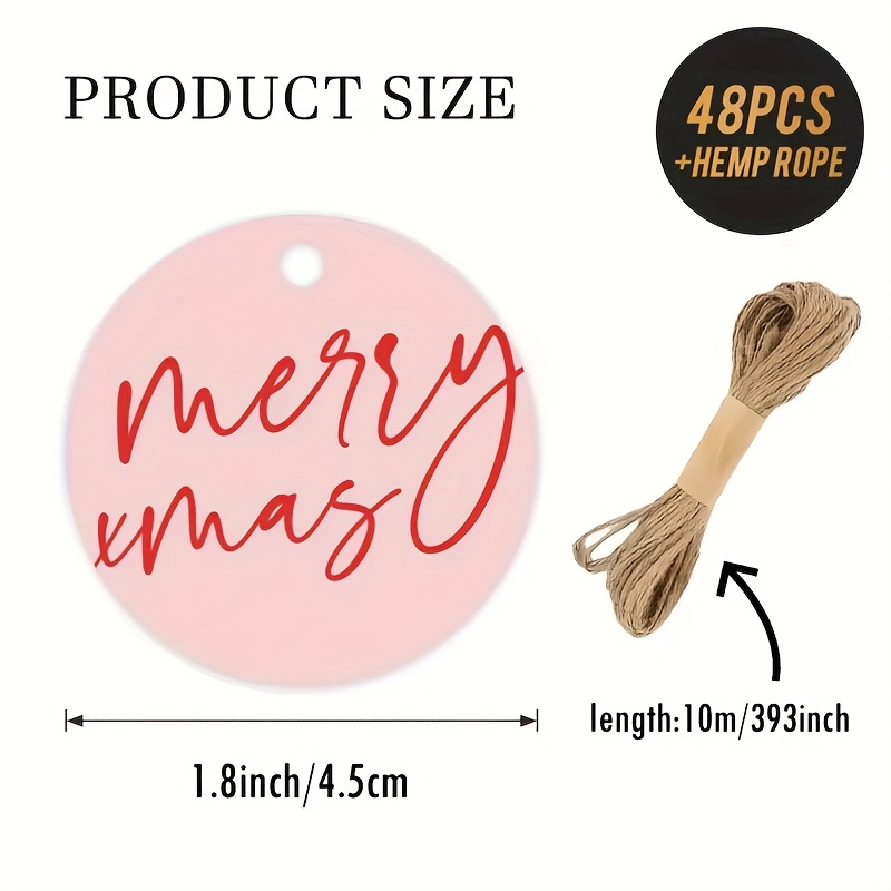 TEMU 48pcs 'merry Christmas' Round Tags With Jute String, Featuring Red Cursive Lettering On A Pink Background. Minimalist Holiday Decor, Gift Tags,