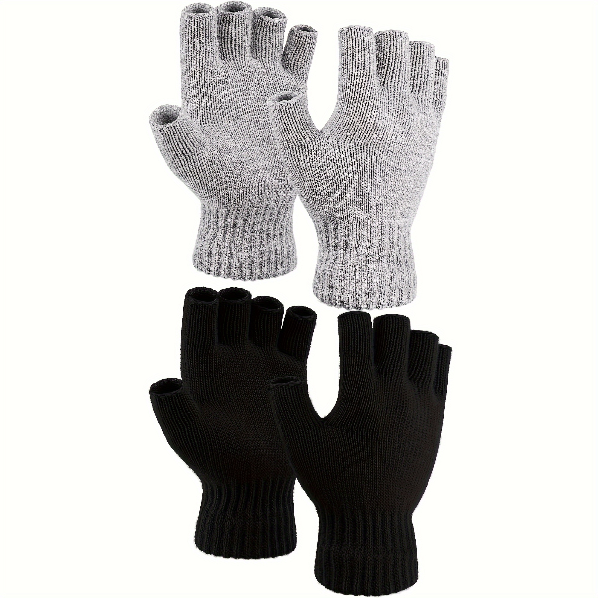 

2 Paires de Gants Tricotés à -Doigts - Gants d'Hiver , Chauds et Extensibles, Design , & Noir, Acrylique pour Sorties Décontractées