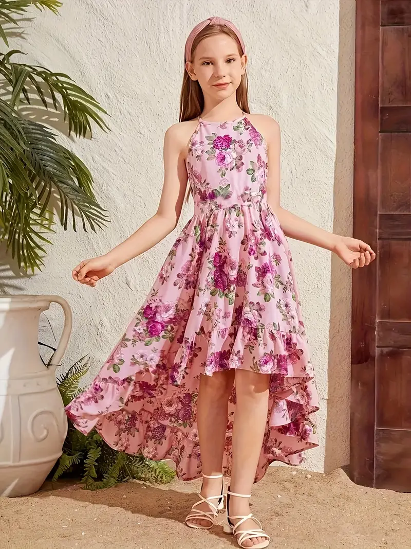Girls' Sleeveless Floral * Dress, Elegant Off-shoulder Strap Design * Hem with Front Short and Back Long Style * Summer Vacations and Daily Wear Girls' Sleeveless Floral * Dress, Elegant Off-shoulder Strap Design * Hem with Front Short and Back Long Style * Summer Vacations and Daily Wear