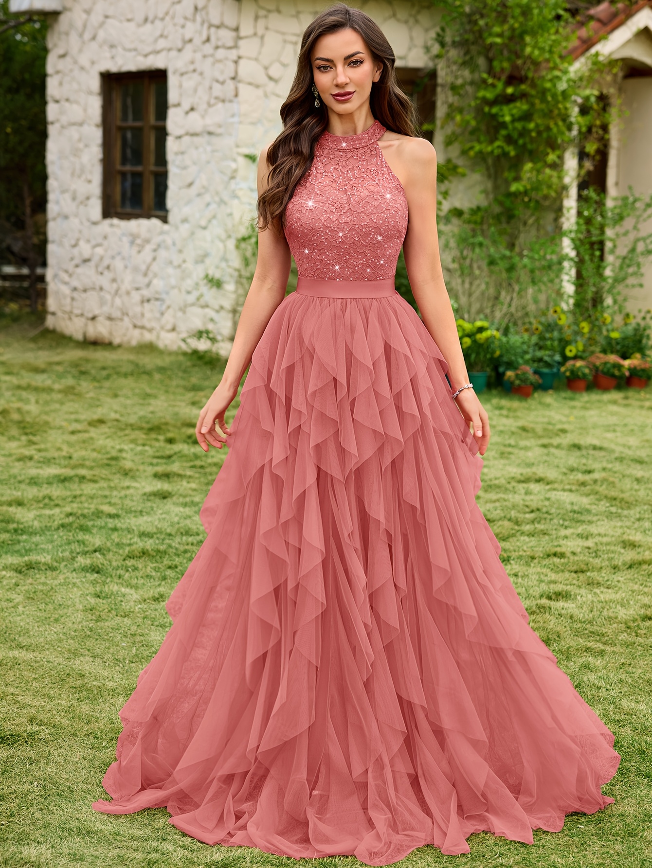Elegant Sleeveless Sequin Floral Lace And Mesh * Layered Hem Long Dress for  Formal Parties And Wedding Guests