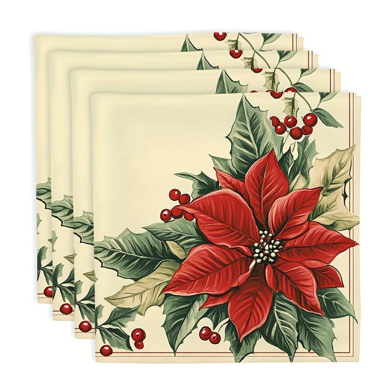 TEMU 4pcs Festivo Poinsettia & Holly Guardanapos - , Absorvente Poliéster Jantar Guardanapos com Poinsettias Vermelhas & Folhas de Holly Verdes para