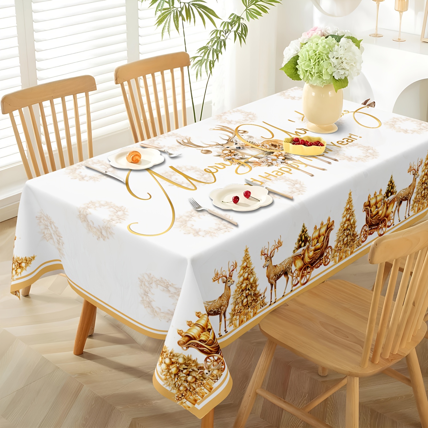 TEMU Festive , Rustic Christmas Tablecloth - Golden & White, , Sleigh & Reindeer Design | Polyester, Round Or Rectangle | Festive Decor | Perfect