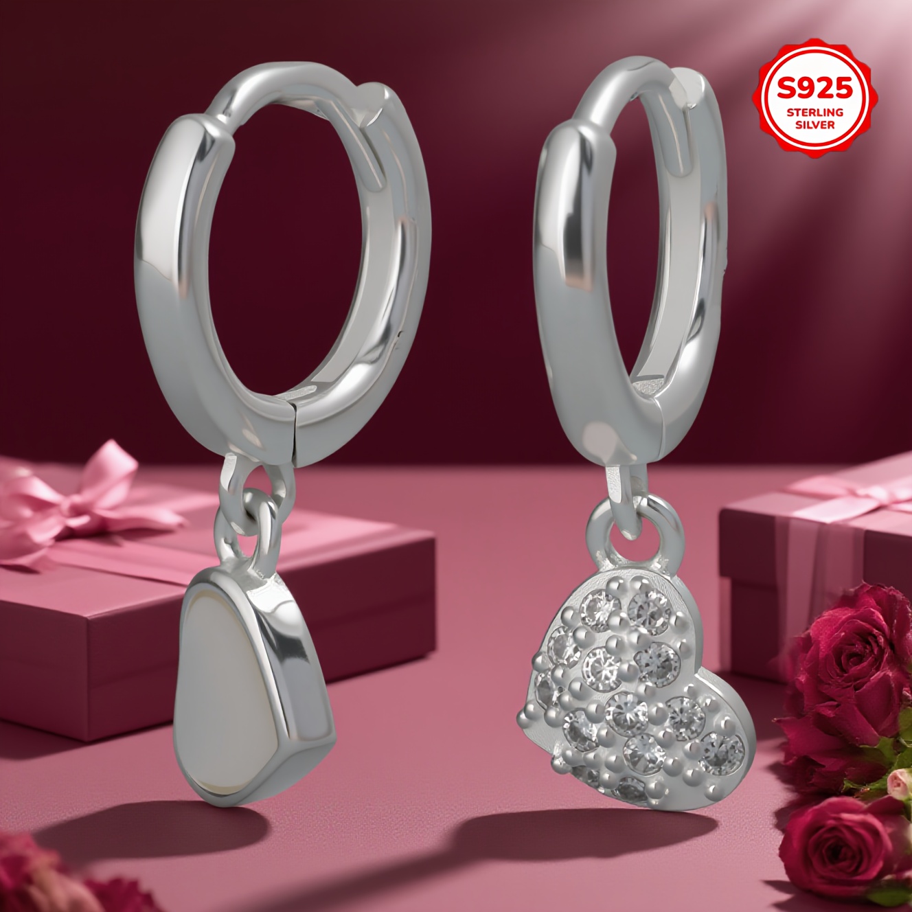 Women's S925 Sterling Silver Heart Stud Earrings with Cubic Zirconia