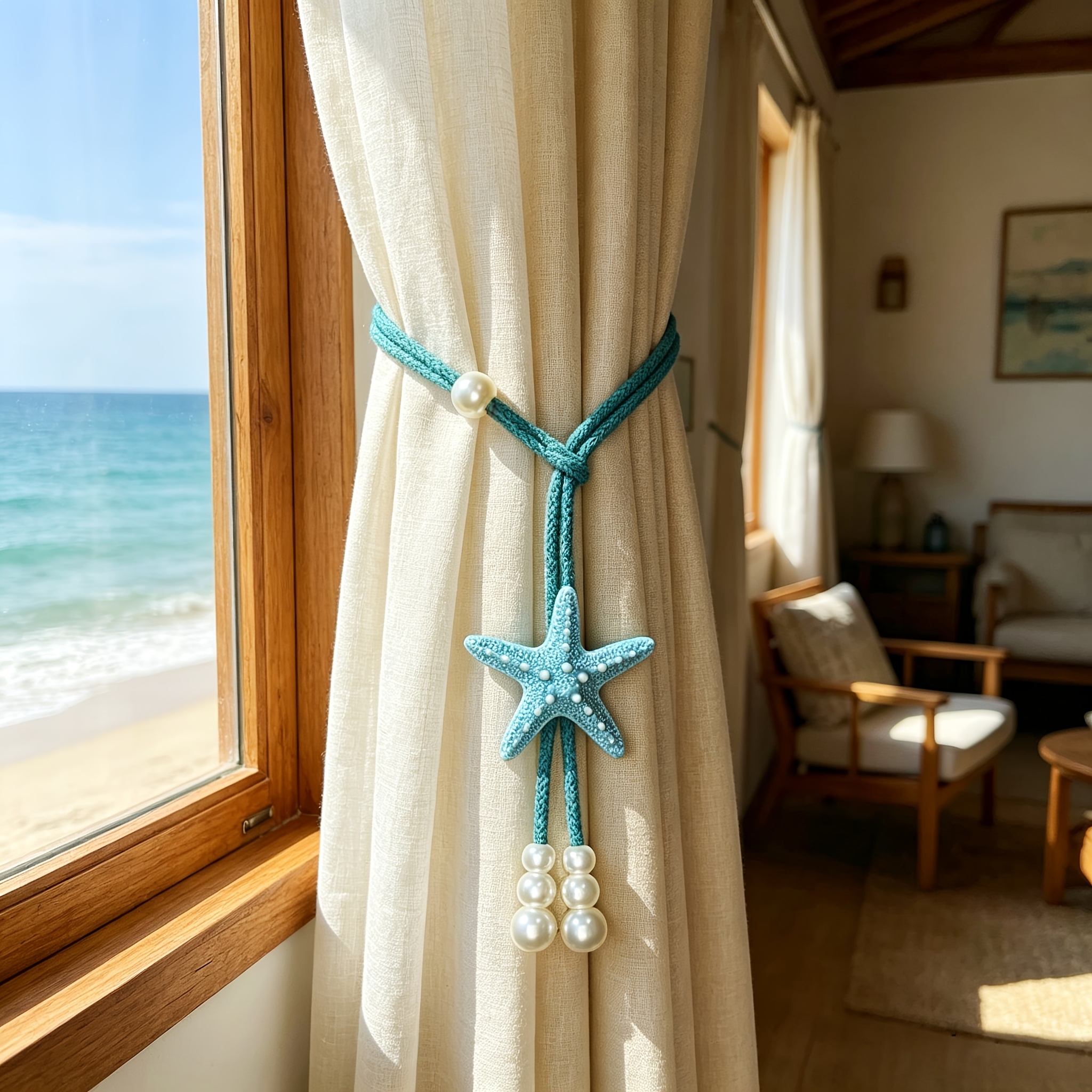 TEMU 1pc Creative Starfish-shaped Curtain Tie-back, All-match Style No-drill Tie-string, Seaside B&b Curtain Decoration Good
