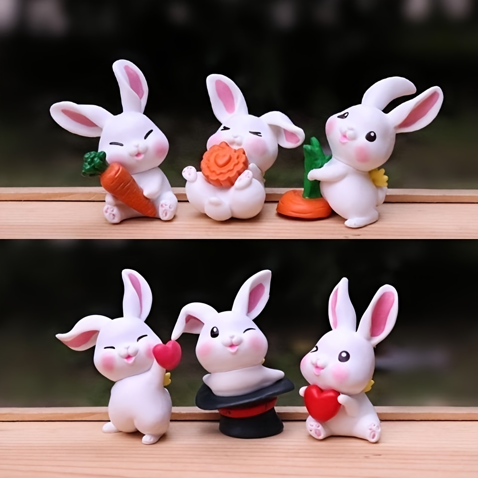 Image of 6pcs Cartoon Rabbit Miniature Figurines Set, Pvc Material, Party Decor Collectible Dolls, Assorted Designs, With No Electricity Needed For Diy Bonsai & Succulent Garden Accessories
