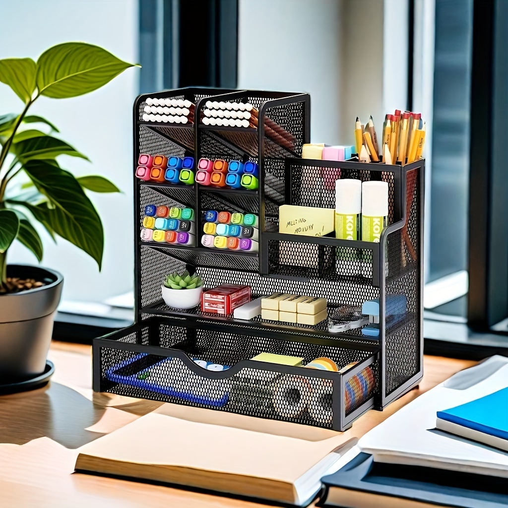 

Multi-functional Mesh Desk Organizer With Drawer - Iron Pen And Pencil Holder For Office Supplies And Art Accessories