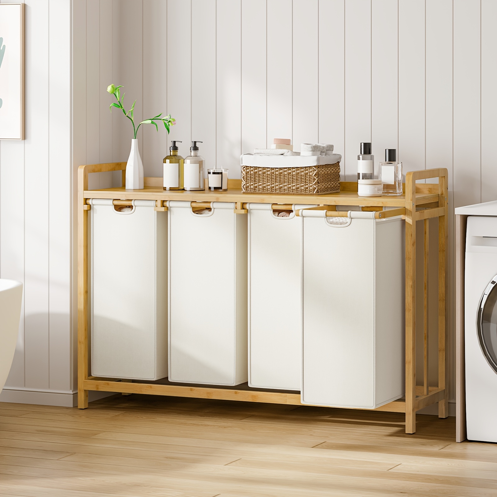 TEMU Wooden Color Laundry Cart - Multifunctional 4-panel Non- Fabric Storage Box, Space Design, Convenient Storage For Laundry Cart, Suitable For