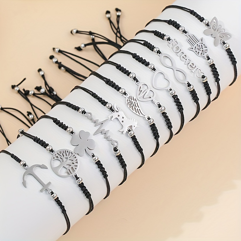 

12-piece Adjustable Braided Black Rope Charm Bracelets For Women, Stainless Steel Geometry Animal Plant Connection, Vacation Style Jewelry Set