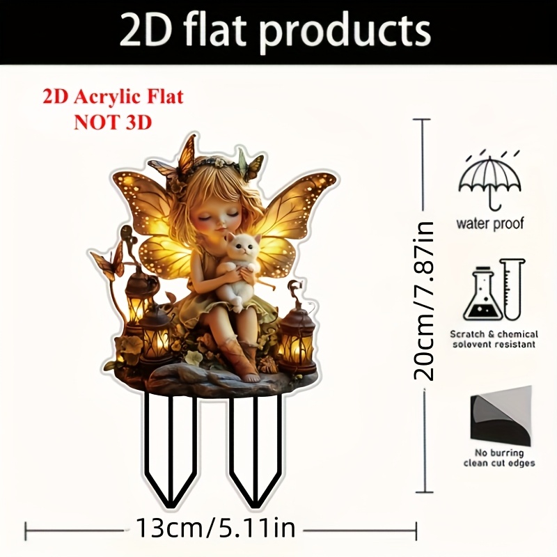 E-shop 2D Flach, 2D Flachdesign, ein verspielter Acryl-Feen- Katzen-Gartenstecker mit Laterne, Schmetterlingen Leuchteffekten – für Außendekoration,