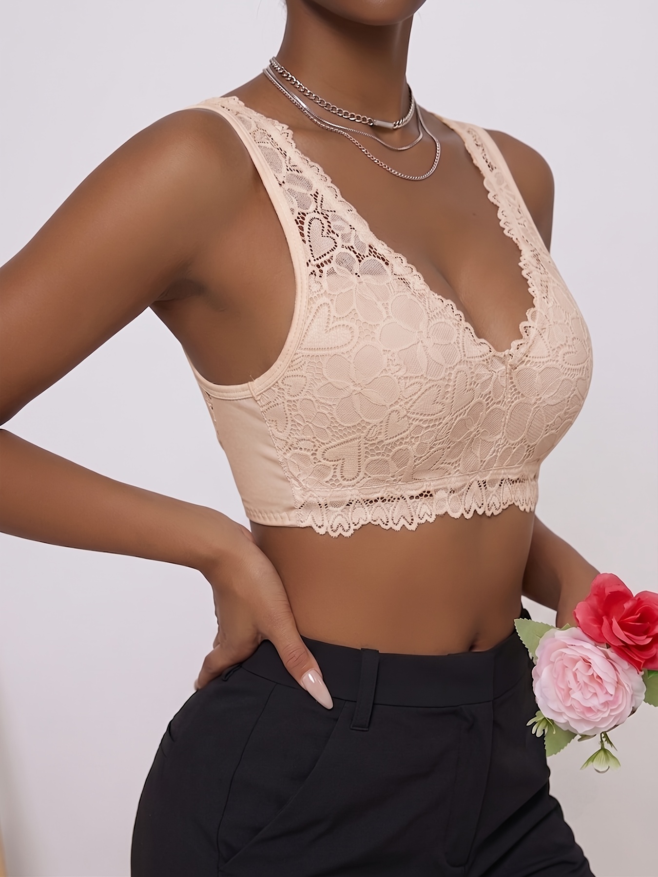 3pcs Elegant Bras with Lace Deep V Floral Pattern