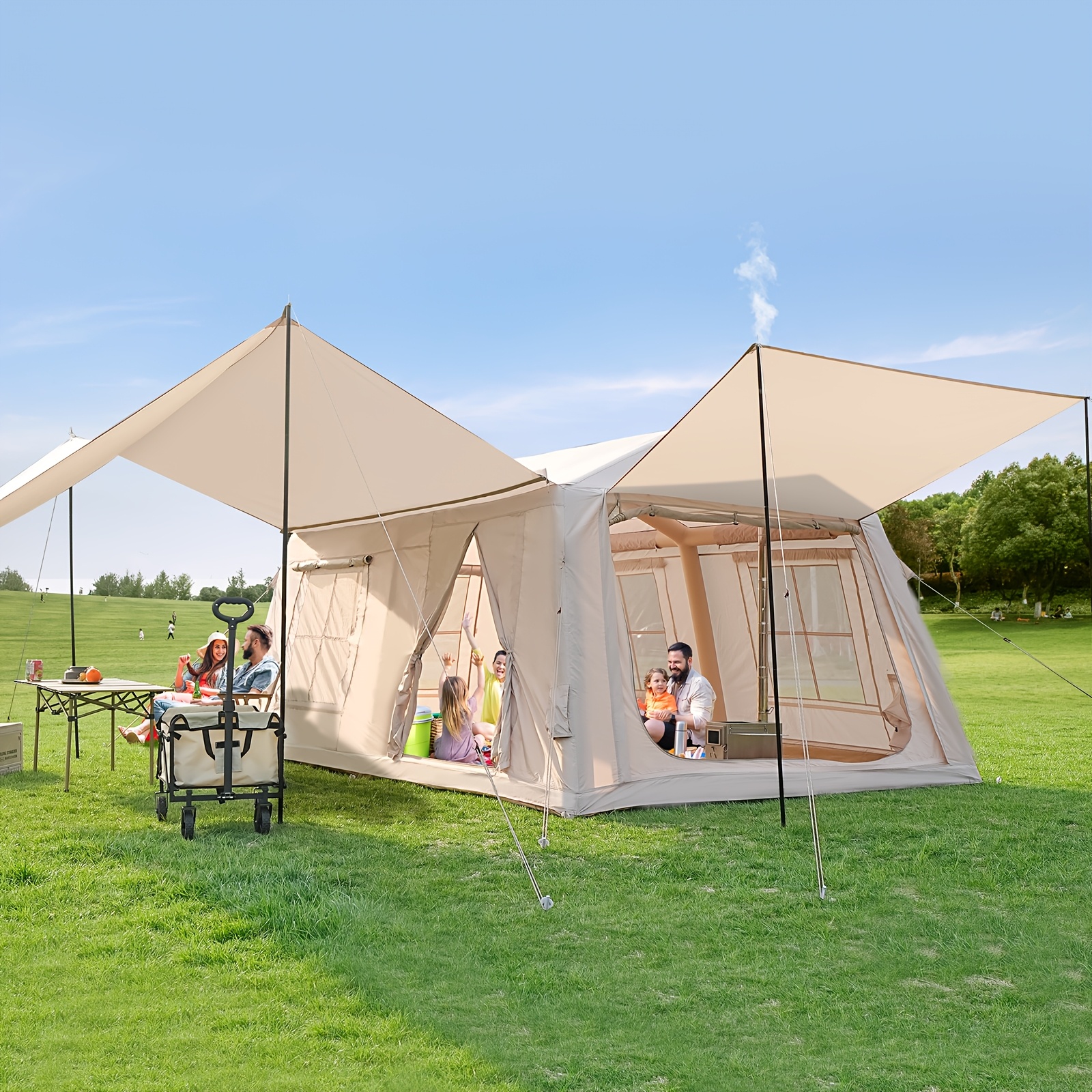 * 6-8 Person Inflatable Tents for Camping, Blow Up Tent with Hand Pump,  Easy Setup Inflatable Hot Tent with Stove Jack, Oxford Air Glamping Tents