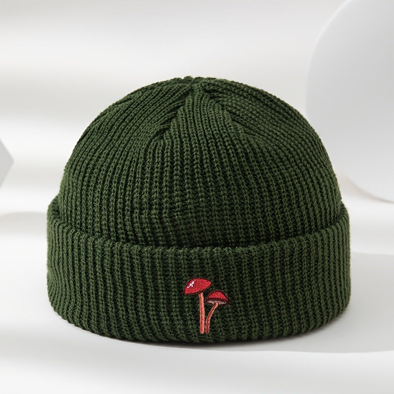 Outdoor Men's Autumn/winter Mushroom Embroidered Warm Knitted Hat, Unisex Outdoor Warm Casual Brimless Beanie, Fashionable And Versatile Ski Hat, Cycling Cap