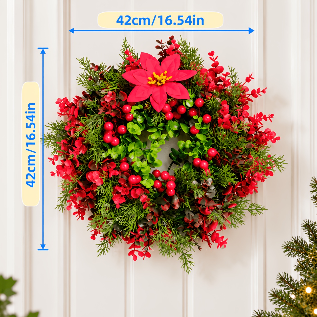 TEMU High-quality Christmas Wreath, Exquisitely For Festive Ceremony! Holly, Red Berries, And Pine Branches, And , Realistic From Distance And .