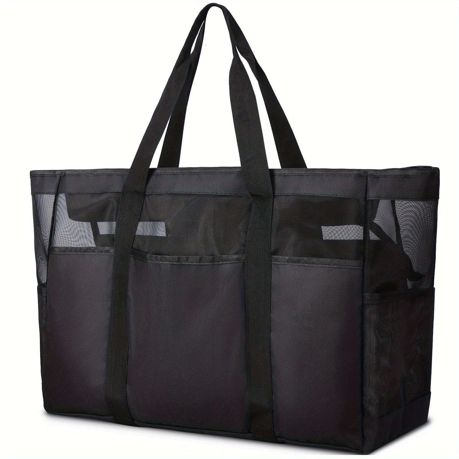 Image of Rainsmore Beach Bag Xxl Family Zipper Beach Bag Women's Large Mesh Beach Bag Shopping Bag Foldable Shoulder Bag For Beach Travel Toy Storage Gym Bag Black