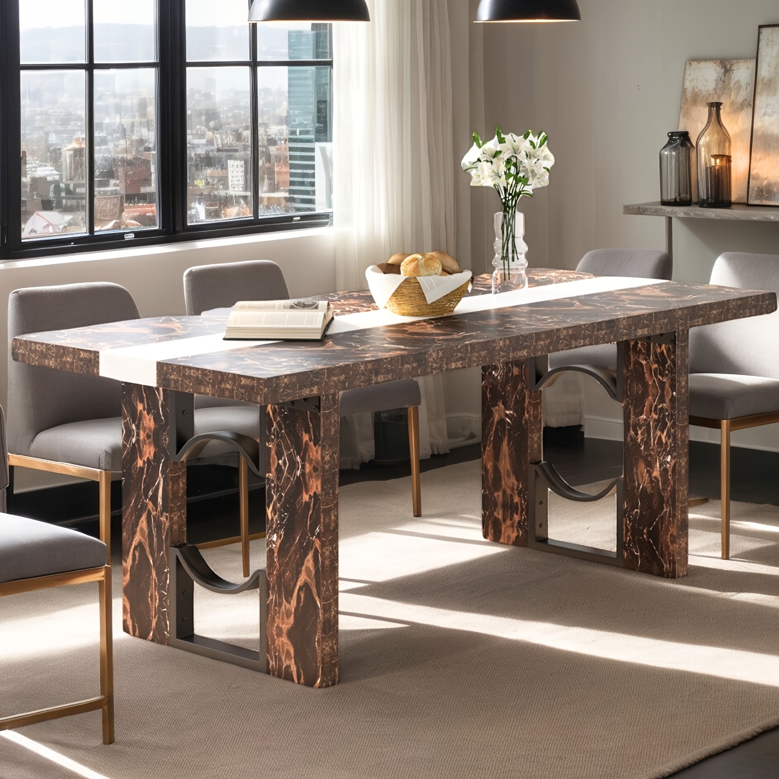 Modern Large Dining Table Suitable for 6-8 People - 71-Inch/6-Foot Rectangular Kitchen Table with Marble Tabletop, MDF &, Easy Assembly - Luxury Dinner Table for Family Meals & Entertaining