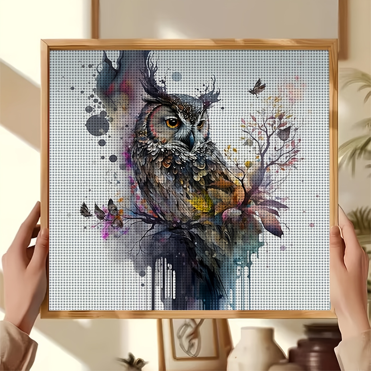 Cross Stitch Printed Kit, Frameless, Watercolor Owl And Floral Butterflies Design