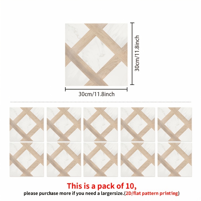 TEMU 10pcs 2d Flat Self-adhesive Vinyl Floor Stickers, Light And Off-white Gray Pattern, Rhombus Frame And Square Design, 30.0x30.0cm, And Stick,