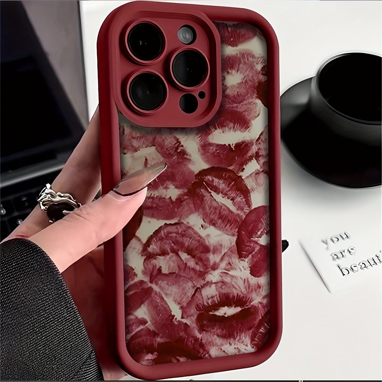 

1pc Burgundy Lip Print Embossed Tpu Soft Drop-proof Waterproof Phone Case For Iphone