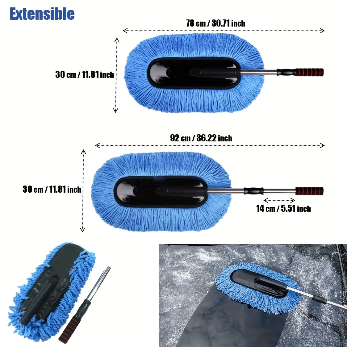 TEMU Telescopic Car Wash Mop With Soft Chenille Fiber Brush Head - Adjustable Long Handle Cleaning Tool, Warm And Car Wash And Details, Suitable For