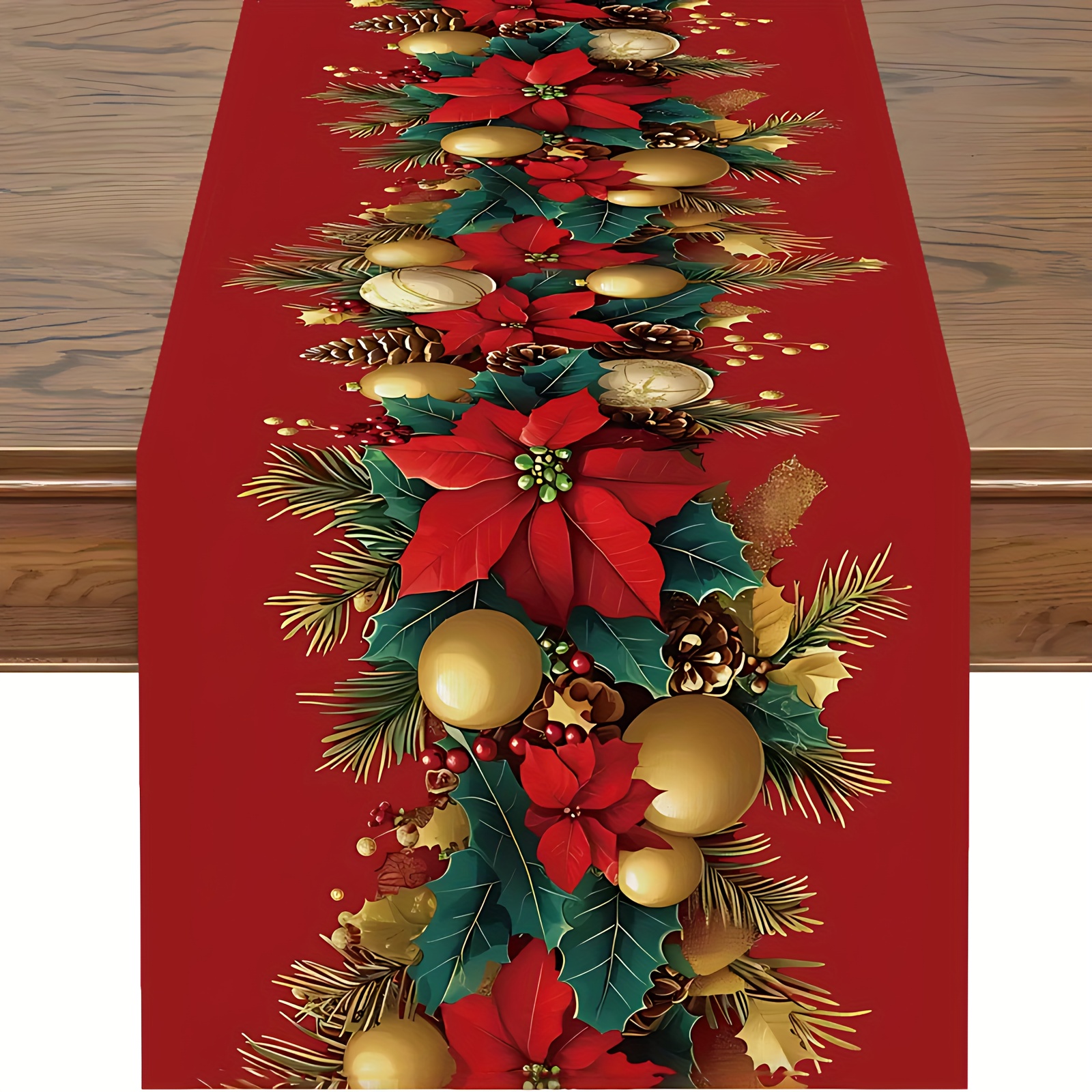 TEMU 1 Christmas Tablecloth - A Christmas Tablecloth With Dotted Stones, Pinecones, And Golden Accents, Featuring Red And Decorations. Ideal For Home