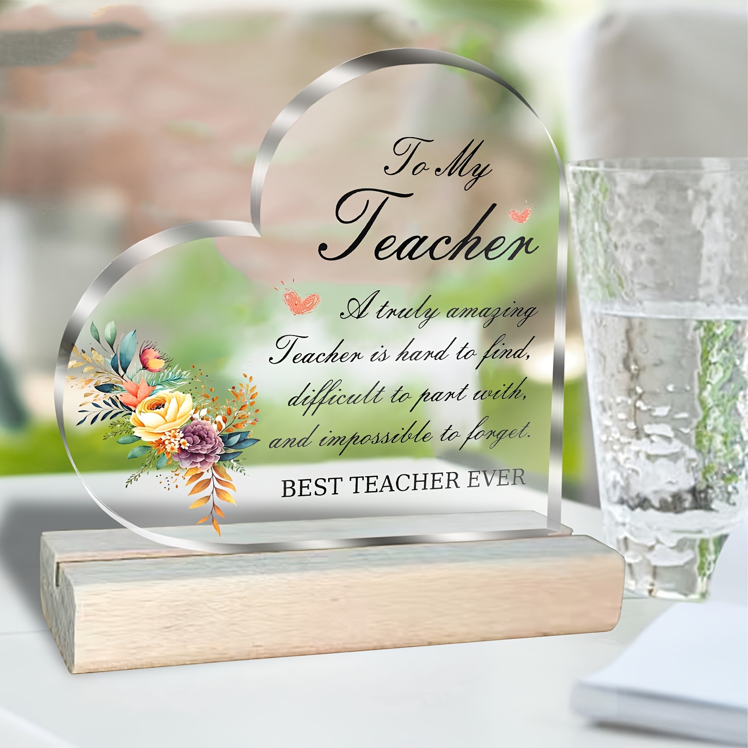 TEMU 2d Flat, Heart-shaped Acrylic Teacher Appreciation Plaque With Wooden Base - Engraved With Inspirational Message, Decorative - Ideal Gift For
