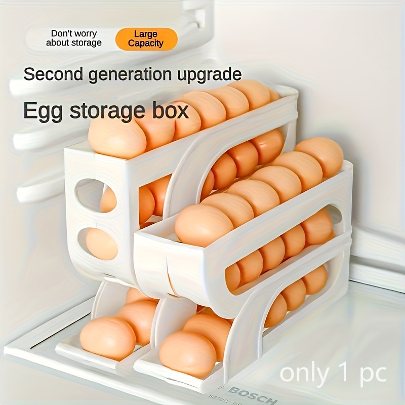 1pc Space-Saving Egg Storage Organizer with Automatic Rolling Eggs - Heavy-Duty Refrigerator Egg Box, No Assembly Needed, Fits Side Door/Shelf - Ideal for Home, Kitchen, or Commercial Use, Kitchen Organization, Compact Design, Sturdy Construction, Busy Households