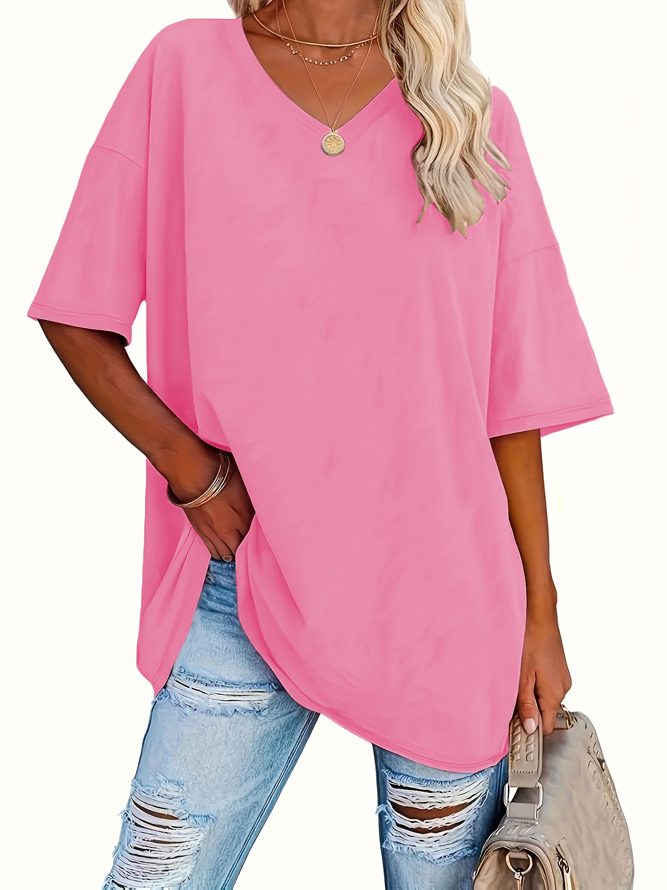 Ensemble de 3 T-Shirts Décontractés pour Femmes à Col en V, Tissu en Maille 95% Polyester 5% Élasthanne, Couleur Unie, Élasticité Moyenne, Coupe Ample à Manches Courtes pour le Printemps/Automne