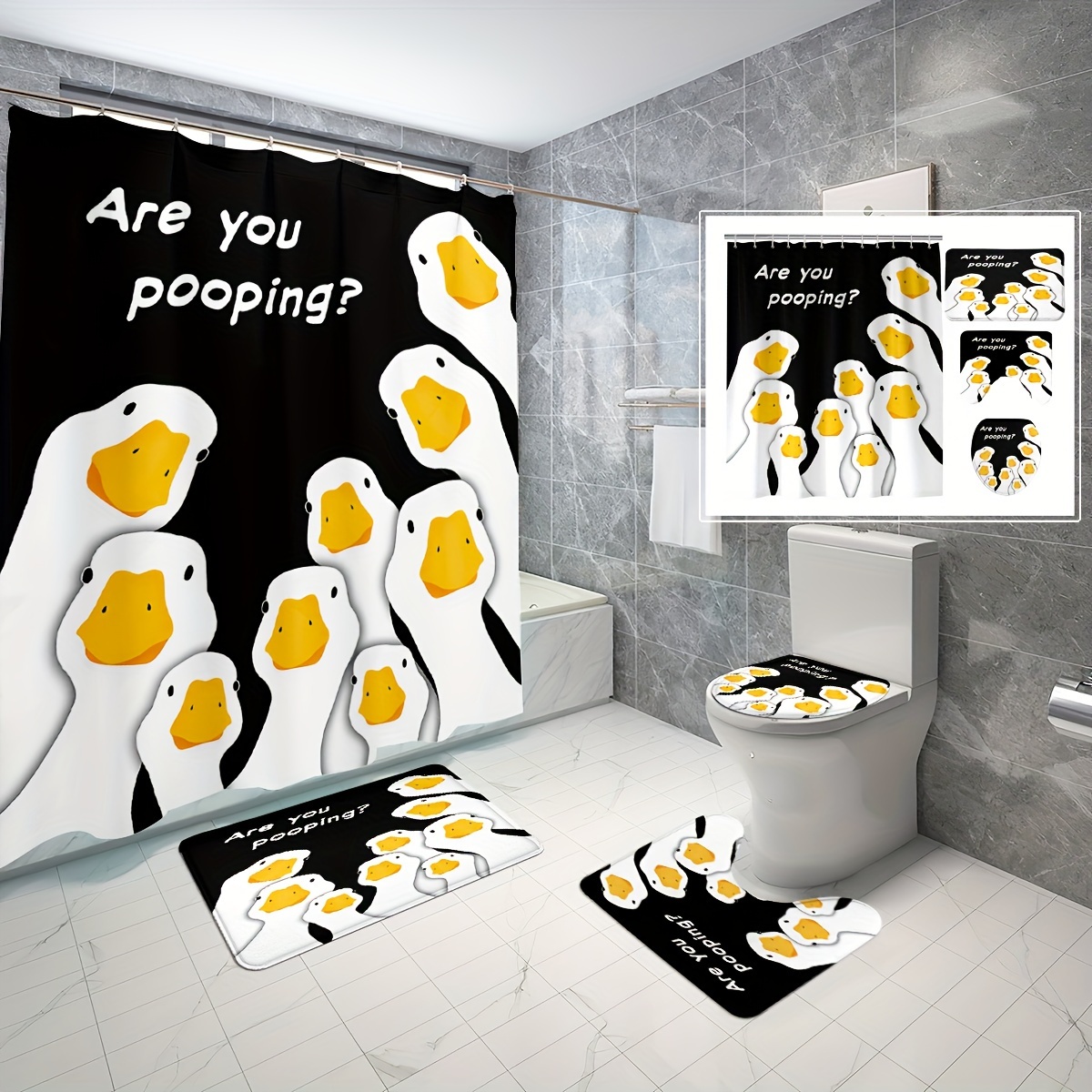 

Funny Cartoon Ducks Bathroom Set: 70.8x70.8in Shower Curtain, 12 Hooks, Toilet Seat Cover, U-shaped Mat, And Decorative Bathtub Divider - Waterproof Polyester, Machine Washable