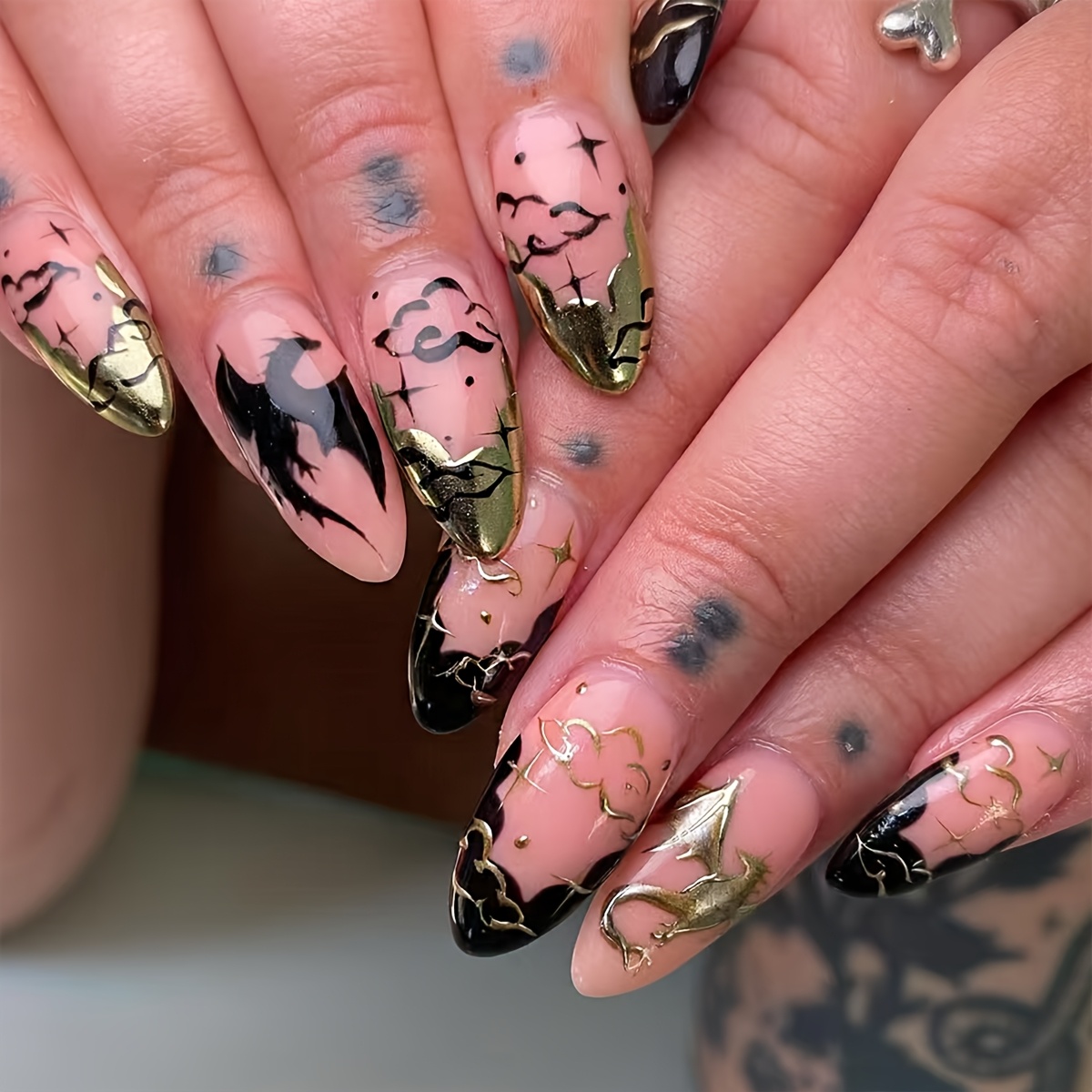 TEMU 24pcs Of Press-on Almond Nails, Cool Black And Golden Western , Black And Scales, Cute Clouds, Y2k , French Fake Nails With Jelly Glue, 1pc Of Nail File