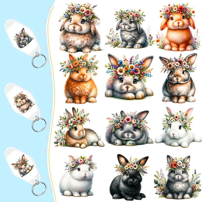 

36-pack Spring Rabbit Uv Dtf Stickers, Waterproof Pvc Keychain Tags, Floral Bunny Wraps For Acrylic Hotel Keychains, Keychain Decals